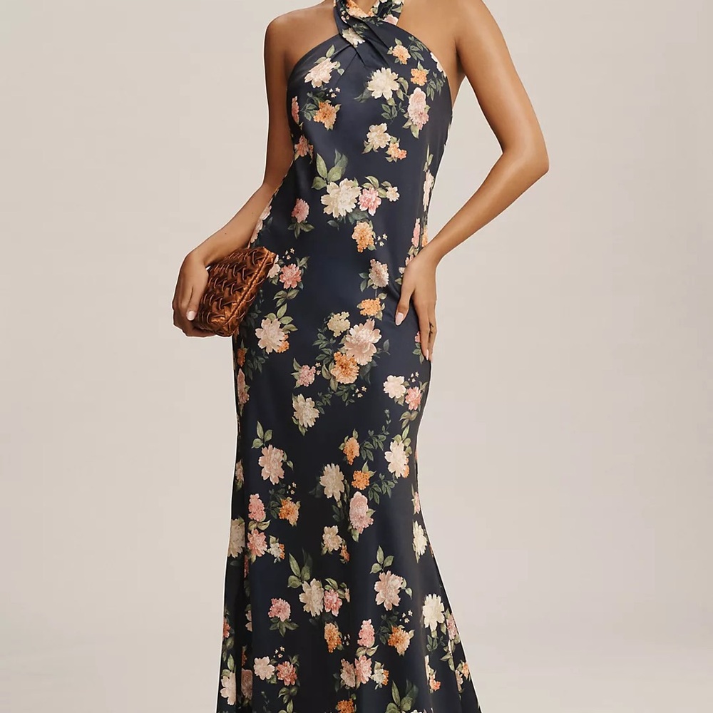 Blue and Gray Maxi Gown with Halter Neckline for Wedding Guest
